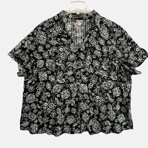 Vintage White Stag Blouse Womens 4X Black Floral Button Up Short Sleeve Pocket